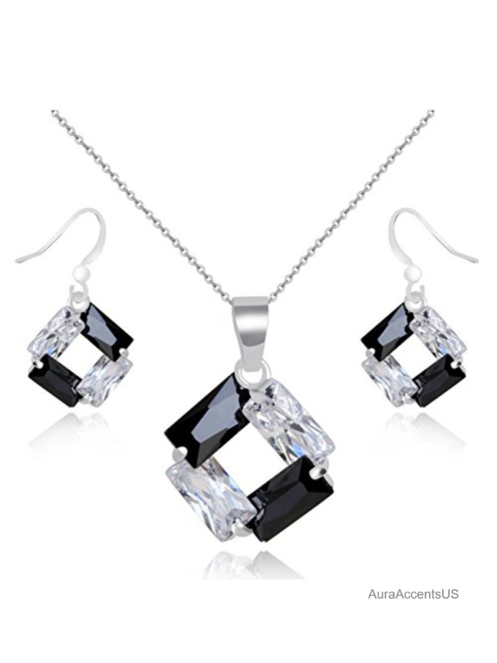18K White Gold Plated Cubic Zirconia Rhombus Necklace Earrings Jewelry Set